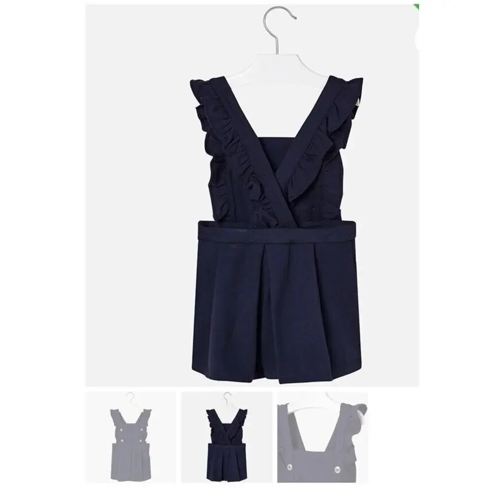 Girls Mayoral Pinafore Shorts, Navy, Size 2 Overalls Coveralls One piece Ruffles
